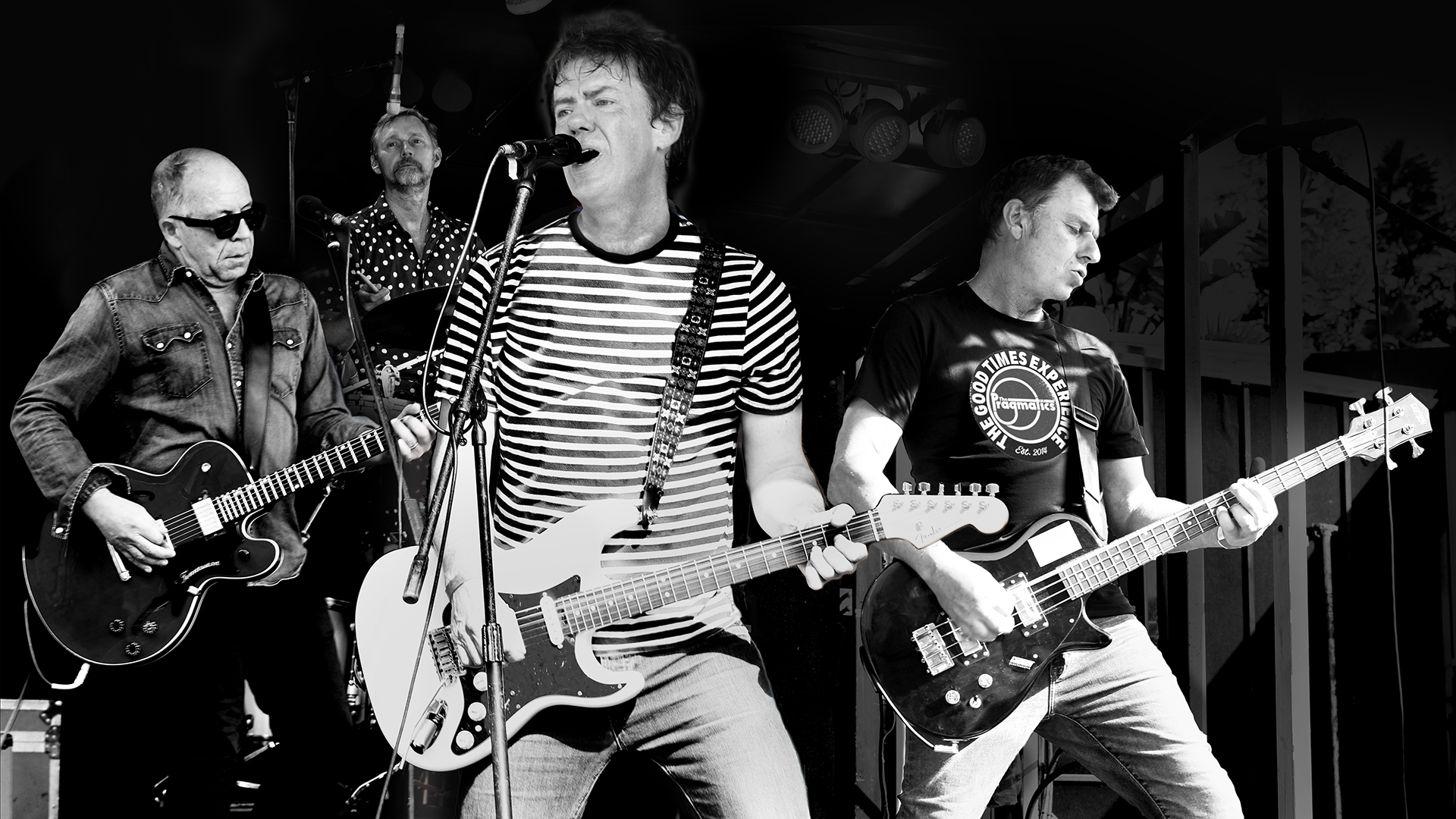 Black-and-white photograph of The Pragmatics performing live